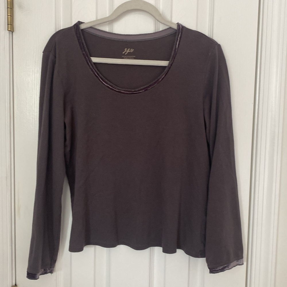 J.Jill Dark Gray Long Sleeve Tee Relaxed Fit with Velvet Trim
